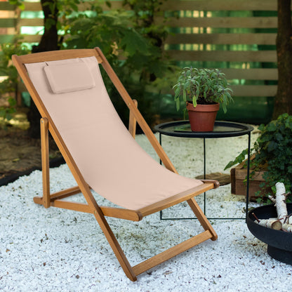 Beach Lounge Chair - Adjustable Height Reclining Sling Chair - Portable Wood Folding Chairs - Folding Lounge Chairs for Outside, Patio, Balcony, or Camping - Outdoor Furniture by Lavish Home (Beige)