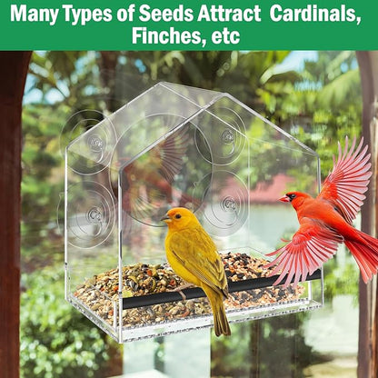 Window Bird Feeder with 4 Extra Strong 2.36'' Suction Cups - 4.35' Extra Deep Removable Tray for Large Capacity, Clear Birdhouse for Outside Viewing, Gift for Cardinals, Finches & Bluebirds