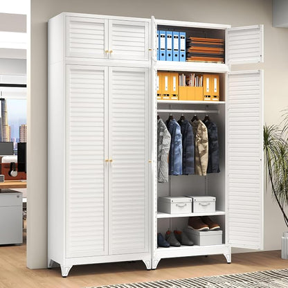 Polup Metal Armoire Wardrobe Closet, 86" Tall Wardrobe Armoire with Hanging Rod, Almirah for Clothes with Doors, 18" D x 32" W x 86" H, White, Assemble Required, Shipped in Two Packages