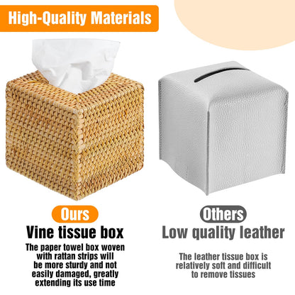 Afcabakila 2 Pack Square Rattan Tissue Box Cover, Natural Wicker Tissue Box Holder Hand Woven, Decorative Facial Tissue Holder for Bathroom, Living Room, Office, Car, 5.5 x 5.5 x 5.5 Inches
