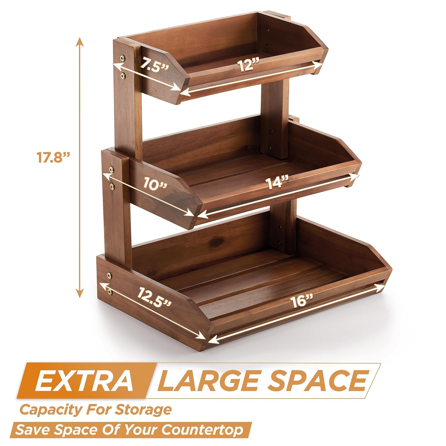 HOLANA Acacia 3 Tier Fruit Basket for Counter – Wooden Fruit Bowl for Kitchen Counter Organizer & Produce Storage Wooden Basket, Snack Organizer for Countertop, Kitchen Counter Storage (Acacia)