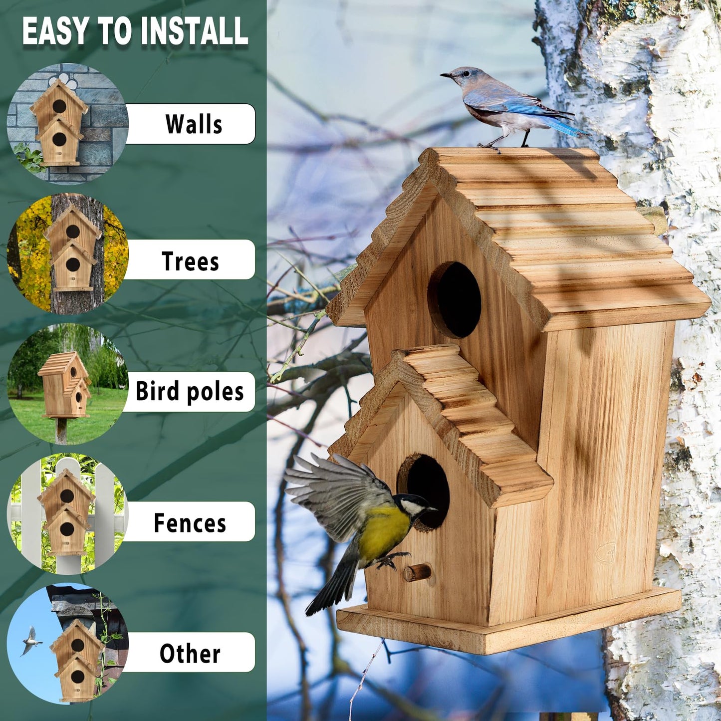 Bird Houses for Outside, Wooden Outdoor 2 Hole Bird House, Can Accommodate 2 Bird Families Suitable for Bluebird,Finch,Cardinals, Garden Hanging Birdhouse No Assembly Required