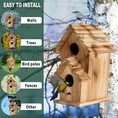 Bird Houses for Outside, Wooden Outdoor 2 Hole Bird House, Can Accommodate 2 Bird Families Suitable for Bluebird,Finch,Cardinals, Garden Hanging Birdhouse No Assembly Required
