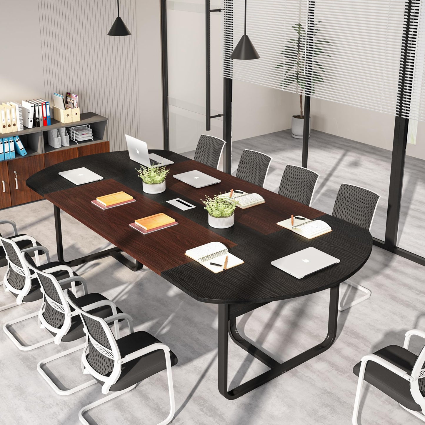 Tribesigns 6FT Oval Conference Table, 70.86" Curved Meeting Tables, Brown Blak Business Table,Two-Tone Finish Curved Meeting Tables for Office,Training Seminar Table for 4-6