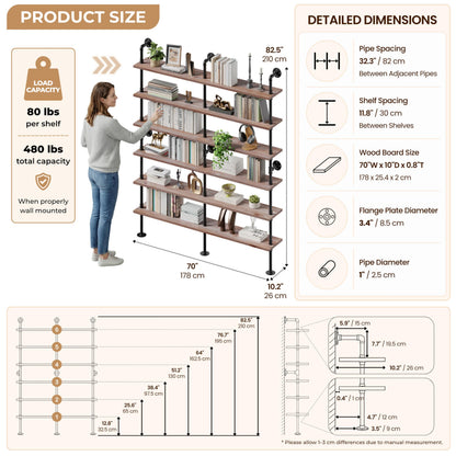 Anynice Industrial Ladder Shelf Bookcase, Wall Mounted Rustic Bookshelf, Retro Wood Metal Pipe Industrial Shelves for Living Room(Weathered Brown, 6 Tier - 10" D x 70" W x 82.5" H)