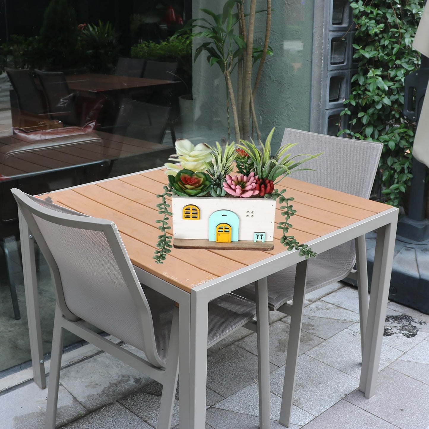 COTSEN 7.9 Inch Artificial Succulent Plants Wooden House Shape Potted Plants Gardening Gifts Fake Succulents for Home Office Indoor Outdoor Decor