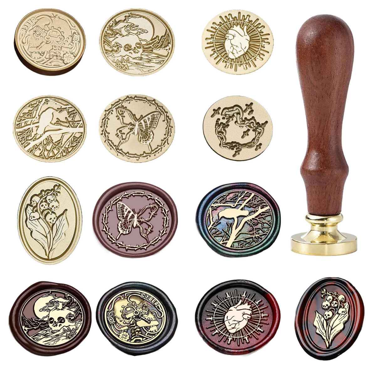 Halloween Wax Seal Stamp Kit - Ychostamp Crow, Butterfly, Ticker, Skull Sealing Wax Stamps, 7Pcs Vintage Brass Seals for Spooky Envelope, Party Invitation