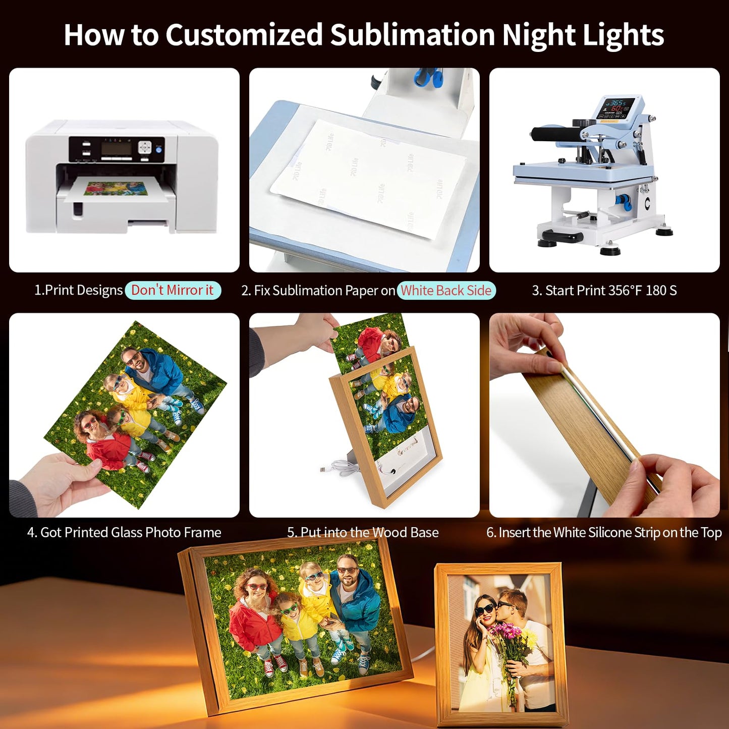 PYD Life 2 Pack A5 Night Light LED Photo Frames Panels with Sublimation Glass Sheets 5.9" x 7.87", with Wooden Frame 3 Light Modes, Custom Sublimation Blanks Night Lights for Tabletop Home Decor