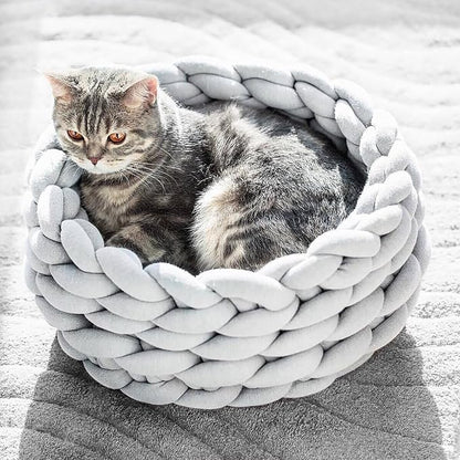 Woven Dog Bed Basket, Knitted Cotton Cat Bed Round Washable Woven Cat Pet Bed Chunky Dog Basket, Orthopedic, Chunky Knit Dog Nest,Dog Bed,Dog Cave,Dog Bedding(Gray,23")