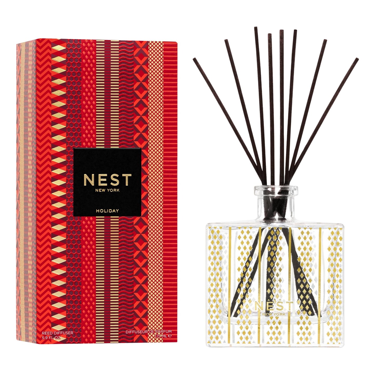 NEST New York Reed Diffuser, Holiday - 5.9 fl oz - Fragrance for Up to 90 Days - Reusable, Refillable Glass Holder - Includes 8 All-Natural Reed Sticks - Flame Free