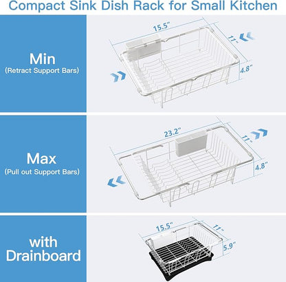 JASIWAY Dish Drying Rack in Sink, Expandable Stainless Steel Dish Drainers with Drainboard for Kitchen Counter, Space Saving Dish Dryer Rack, Over The Sink Dish Racks with Utensil Holder & Cups Holder