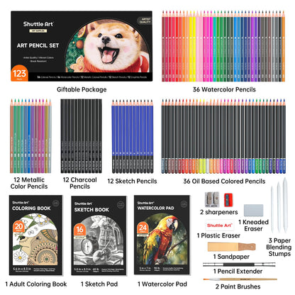 Shuttle Art Professional Drawing Kit, 123 Pieces of Drawing Pencils Set Includes Colouring Pencils, Watercolor, Charcoal, Graphite and Sketch, Ideal for Adults Children Artists
