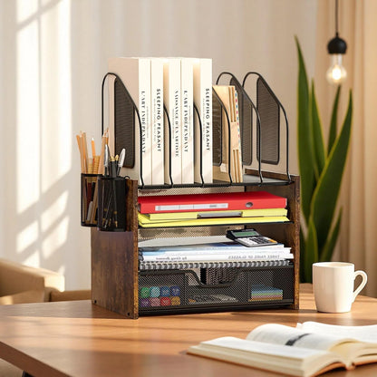 Boershun Wood Desk Organizer - 4-Tier Desktop File Organizer with Drawer, Wooden Paper Tray, Vertical File Holders & 2 Pencil Holders - Office Desk Organizer for Papers, Mail, Notebooks, Stationery