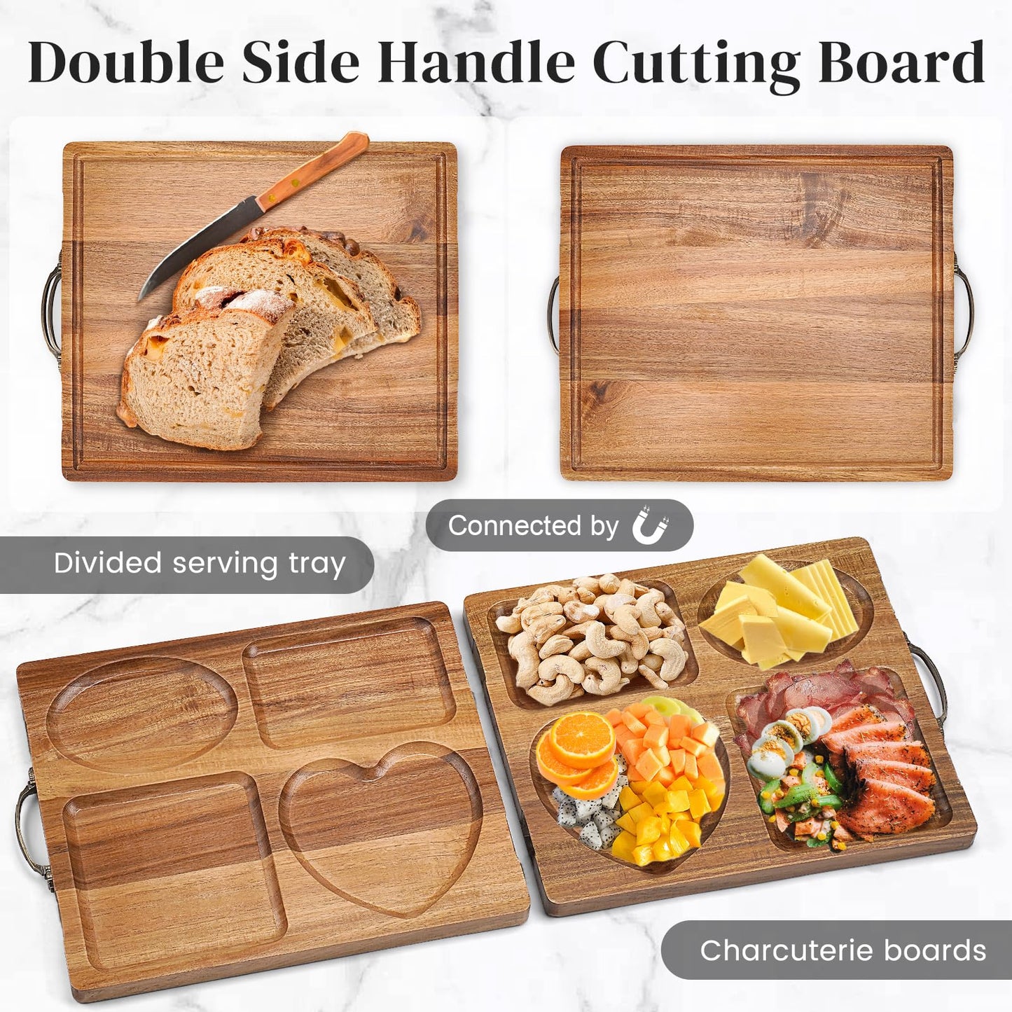 Acacia Wooden Cutting Boards for Kitchen, 2 in 1 Charcuterie Boards and Serving Tray with Compartments, Foldable Wood Cutting Board Camping Parties Housewarming Wedding Gift Serving Platters and Trays