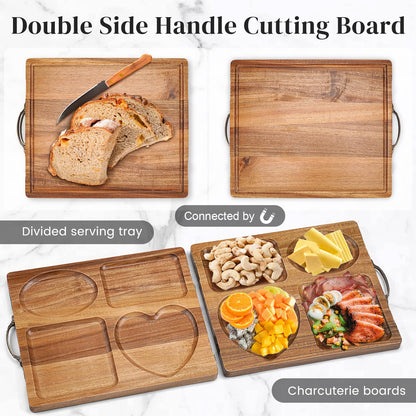 Acacia Wooden Cutting Boards for Kitchen, 2 in 1 Charcuterie Boards and Serving Tray with Compartments, Foldable Wood Cutting Board Camping Parties Housewarming Wedding Gift Serving Platters and Trays