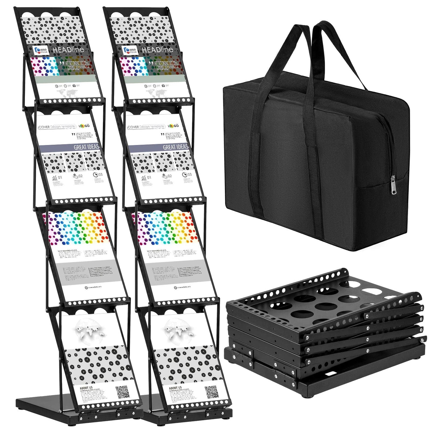 Tatuo 2 Pieces Foldable Magazine Rack Metal Catalog Literature Rack Portable 4 Pockets with Carrying Bag Brochure Stand Literature Display Holder Stand for Exhibition Trade Show