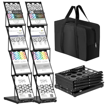 Tatuo 2 Pieces Foldable Magazine Rack Metal Catalog Literature Rack Portable 4 Pockets with Carrying Bag Brochure Stand Literature Display Holder Stand for Exhibition Trade Show