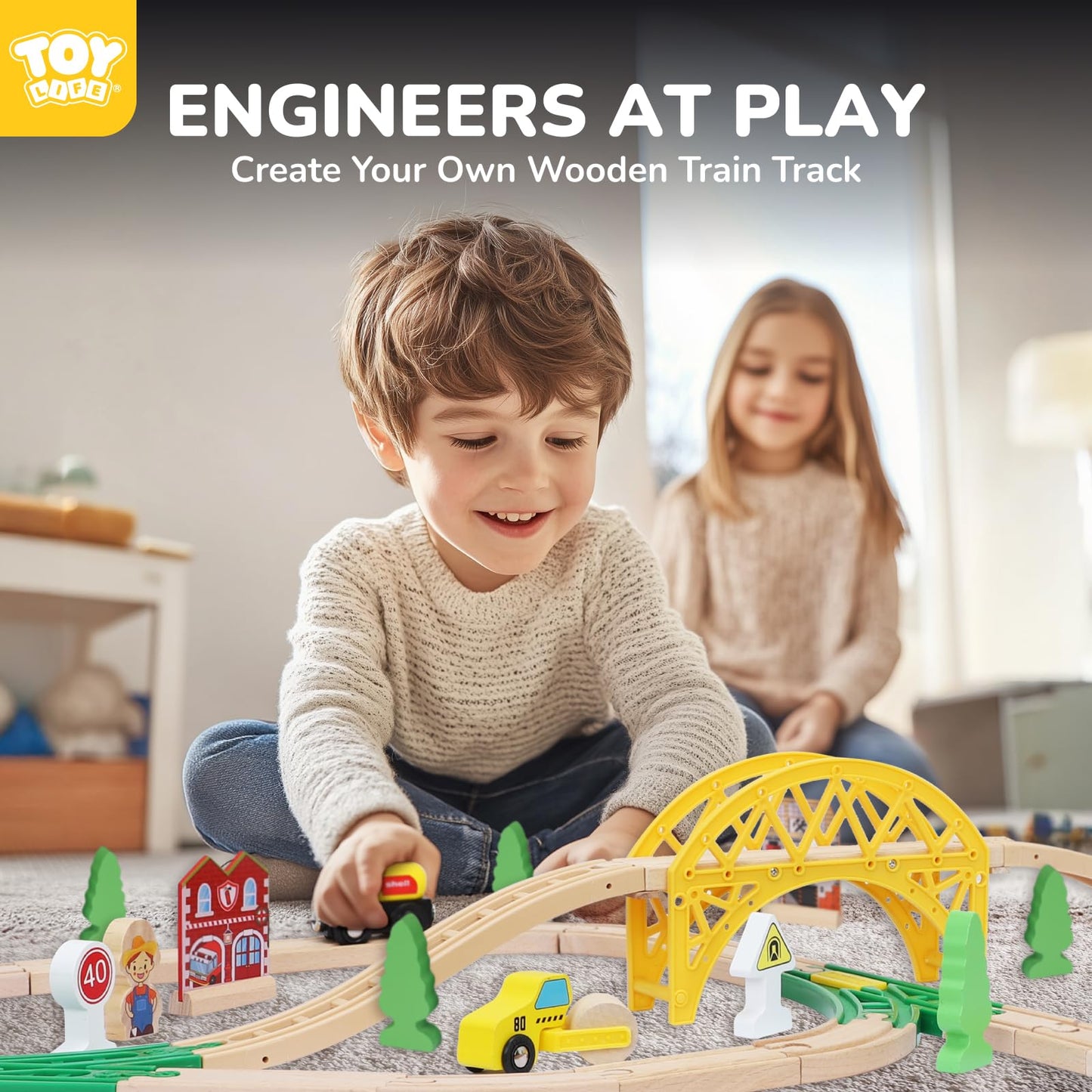 TOY Life Wooden Train Set 60pcs with Magnetic Crane, Wooden Train Tracks Toys for Toddlers Boys Girls 3 4 5, 3 Year Old Boy Gift, Wood Toys Toddler Train for Kids 4-8 - Fits Thomas Brio Chuggington
