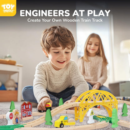 TOY Life Wooden Train Set 60pcs with Magnetic Crane, Wooden Train Tracks Toys for Toddlers Boys Girls 3 4 5, 3 Year Old Boy Gift, Wood Toys Toddler Train for Kids 4-8 - Fits Thomas Brio Chuggington