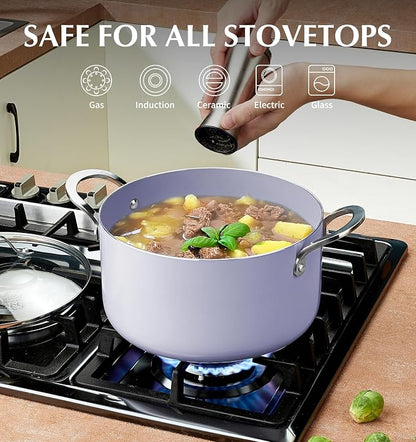 KOCH SYSTEME CS 6 Quart Nonstick Stock Pot with Lid, 6 QT Nonstick Ceramic Stockpot with Stainless Steel Handle, Induction Cooking Pot for Soups, Casserole, Soup Pot, Even Heating, Oven Safe, Purple