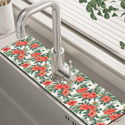 Tropical Leaves and Red Floral Kitchen Sink Splash Guard Mat Absorbent Fast
