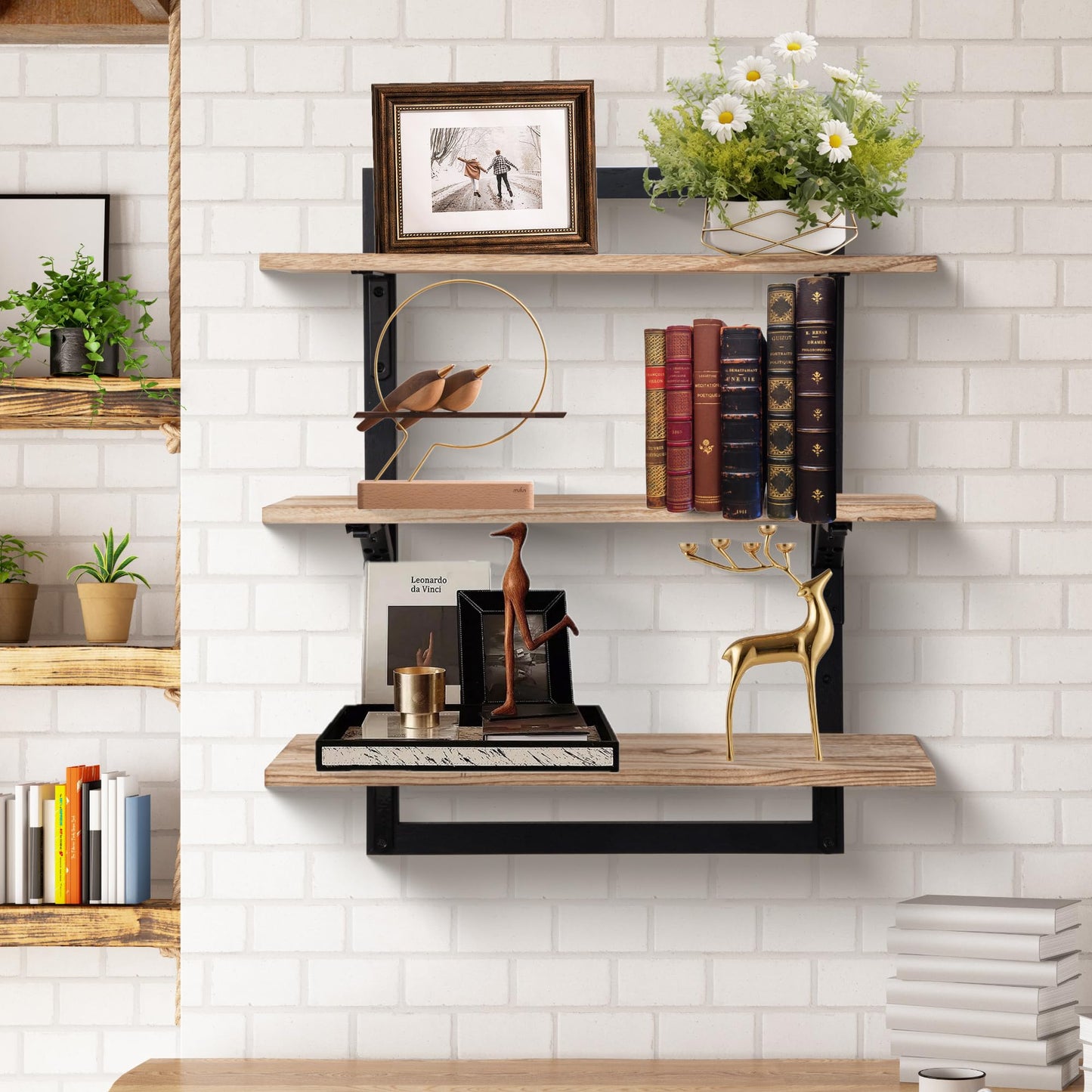 Wodhels 24-Inch Floating Shelves for Wall，3-Tier Wooden Wall Mounted Kitchen Shelves with Foldable Brackets,Hanging Wall Shelves for Living Room, Coffee Bar，Bedroom, Bathroom,Rustic Brown