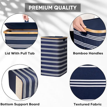 BALEINE Laundry Hamper with Lid, Tall Laundry Baskets with Bamboo Pull Handles