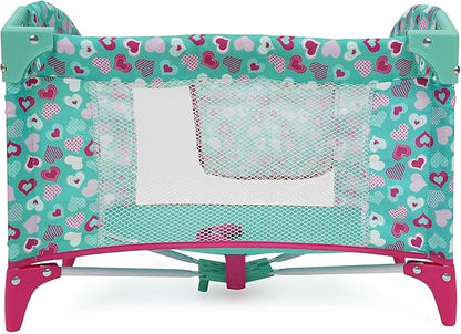 509 Crew: Mint Heart - Dream n' Fun Doll Play Yard - Pink & Green, Portable Sleep Crib, Storage Pockets, Toys-Dolls-Stuffed Animals Accessory, Kids 3+
