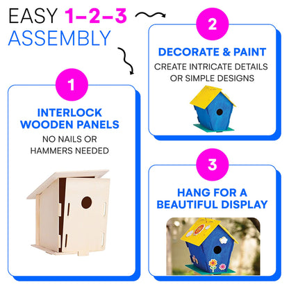 Neliblu 2 Pack Birdhouse Kits for Kids - 6.1" x 5.9" x 3.0" - DIY Craft and Garden Decoration, Pre-cut, Easy to Assemble for Birdwatchers - Includes Paints, Brushes, Birdhouse Kits for Adults to Build