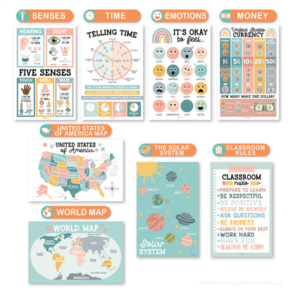 Hadley Designs 16 Educational Posters for Classroom Decor - Boho Educational Posters for Toddlers 1-3, Toddler Learning Posters for Kids Ages 3-5, Kindergarten & Preschool Classroom Must Haves