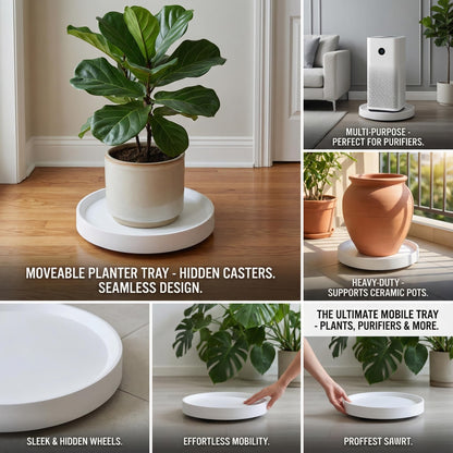 KangTeer 12.4inch Plant Caddy with Hidden Wheels 2Pack White Round Rolling Plant Stands ,Mobile Tray Trolley for Large Flower Pots, Air Purifiers & Ceramic Sculptures (12.4inch)