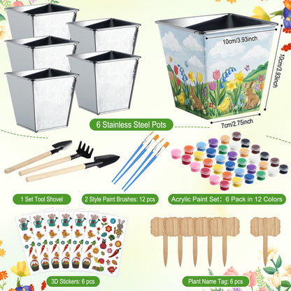 Ferrochef 6 Sets Garden Flower Pots Crafts Kit DIY Metal Iron Plant Pots Acrylic Paint Stickers Brushes Plant Labels Gardening Tool Kit for Planting Crafts Mother's Day Graduation Creative Gift