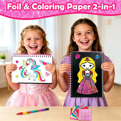 FUNNYB&G Foil Art Craft Kit for Girls 4-10 Years Old: Mess-Free & No-Glue, Create 16 Sparkly Princess Unicorn Pictures – Perfect Travel Toy & Birthday Gift for Kids (Princess)