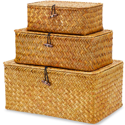 EugroVanth Wicker Storage Box with Lid, Handwoven Baskets for Storage, Rectangle Decorative Baskets Bins Container for Shelf Organizing Home, Set of 3, Natural