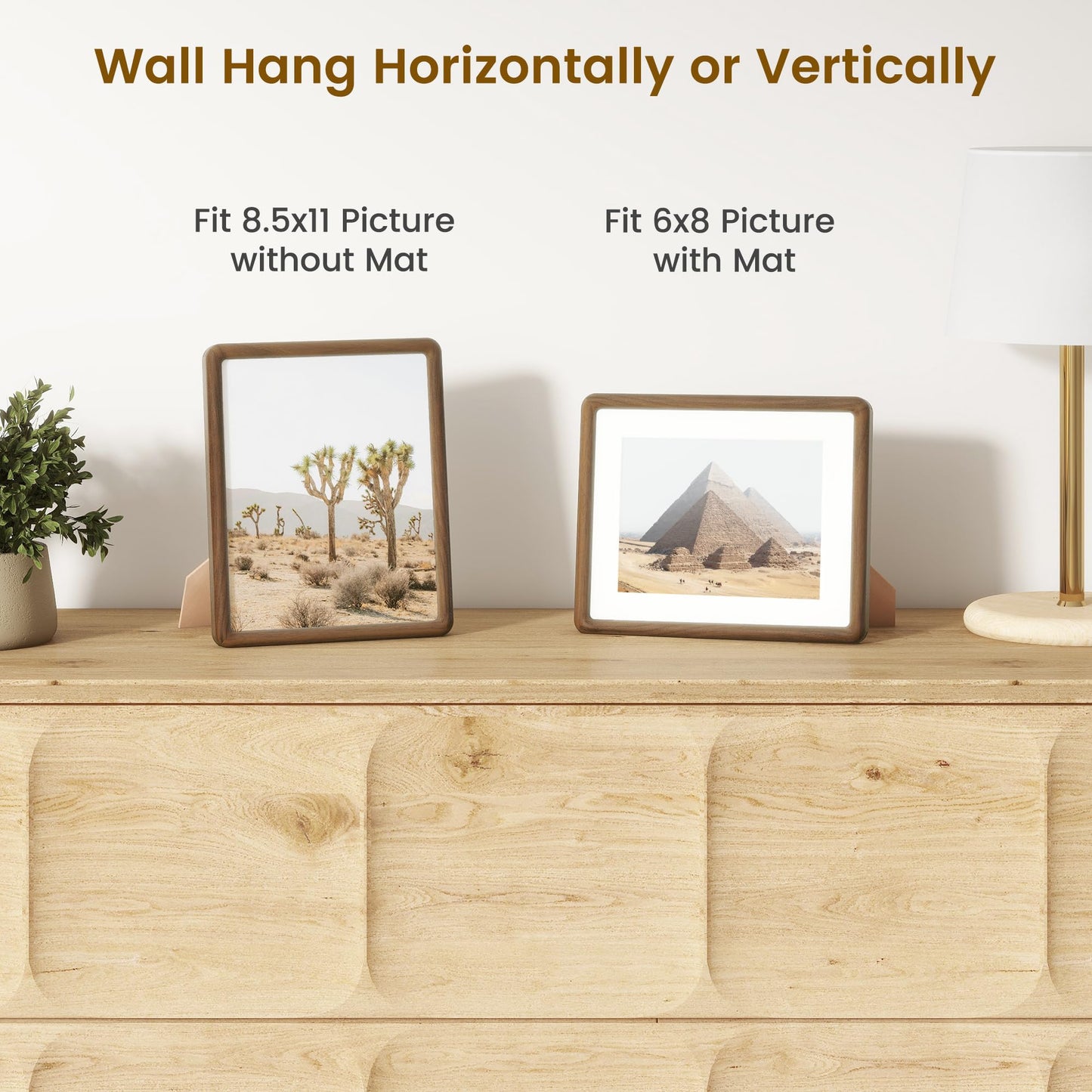 8.5x11 Picture Frame, Natural Solid Walnut Wood Photo Collage Frame with HD Tempered Glass, Rounded Corner Wooden Frame 8.5 x 11 Matted to 6x8, Gallery Wall Frames for Art, Wall or Tabletop Display