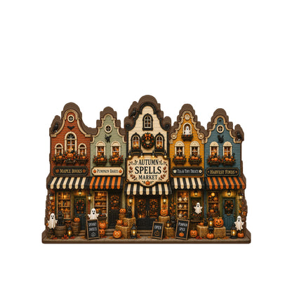VYLARA Halloween Haunted Village Wooden Block, Rustic Spooky Town Shelf Sitter, Gothic Fall Home Decoration, Halloween Wood Sign Display