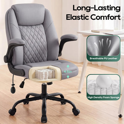 MALOL Leather Office Chair, Computer Desk Chair with Adjustable Lumbar Support, Thick Cushion, Flip-Up Arms and Ergonomic Back, Comfy Executive Office Chair for Home Office Gaming,Grey