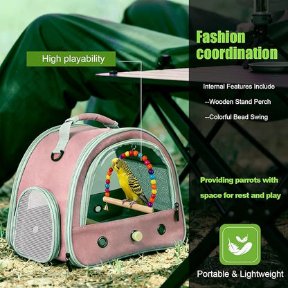 Portable Parrot Travel Cage Carrier with Small Swing Toy&Cage Colorful Toys Set Small Bird Parakeet Bag with Standing Perch Bird Carry Transport Bag (Pink, Carrier/Swing)