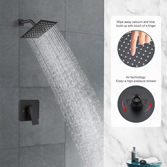 Heyalan Shower Faucet Set with Valve, Bathroom Rainfall Shower System, Wall Mount Single Handle Shower Trim Kit, Rainfall Fixed Shower Head, 8 Inch Square Shower Head, Matte Black