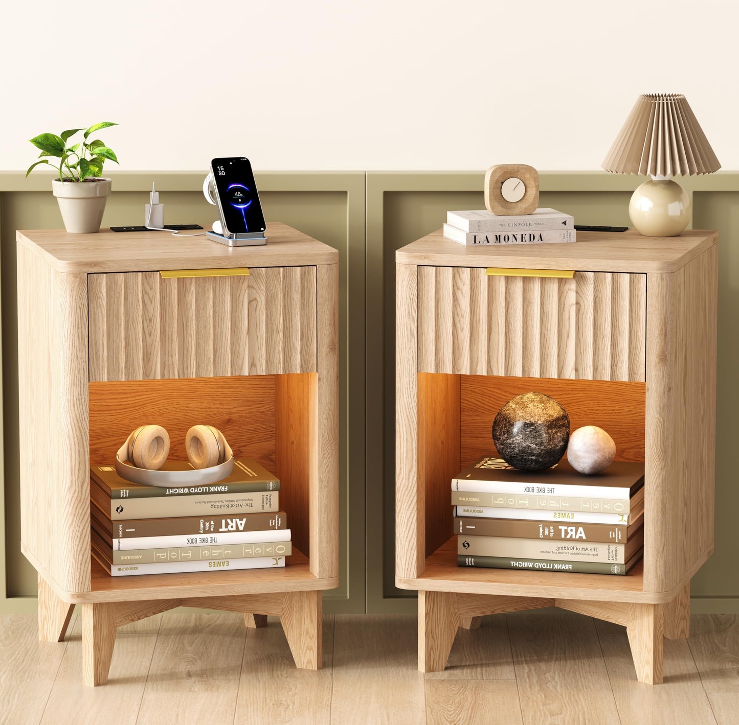 Zeibospri Fluted Nightstand Set of 2, Wooden Night Stand with Charging Station and LED Light, Modern Mid Century End Table with Drawer, Bedside Table for Bedroom, Natural Oak