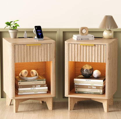 Zeibospri Fluted Nightstand Set of 2, Wooden Night Stand with Charging Station and LED Light, Modern Mid Century End Table with Drawer, Bedside Table for Bedroom, Natural Oak