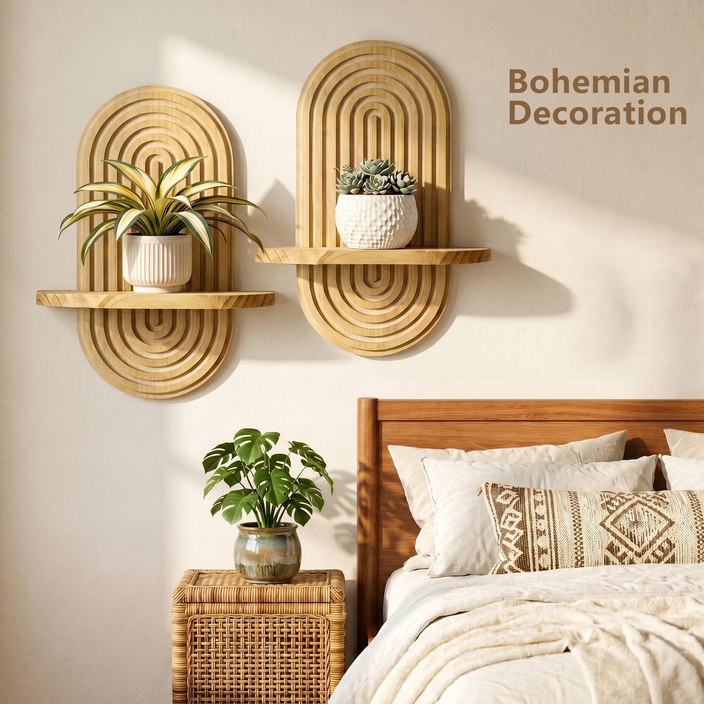 Heiple Set of 2 Boho Arched Floating Shelves 15.7”x 7.8” Plant Wooden Hanging Shelf for Living Room Bedroom Nursery Mid Century Modern Wall Decor Office Holding Planter (Brown, 11.7 * 15.7)