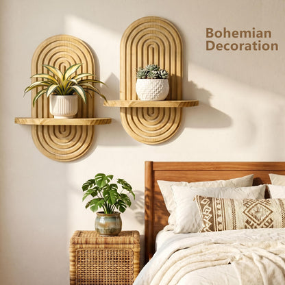 Heiple Set of 2 Boho Arched Floating Shelves 15.7”x 7.8” Plant Wooden Hanging Shelf for Living Room Bedroom Nursery Mid Century Modern Wall Decor Office Holding Planter (Brown, 11.7 * 15.7)