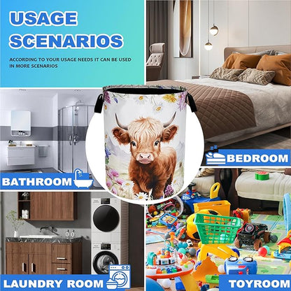 Highland Cow Laundry Basket Oxford Cloth Animal Flowers Laundry Hamper