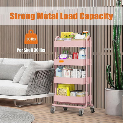 4 Tier Metal Rolling Cart Pink Utility Cart with Wheels,Rolling Pink Cart for Office,Home,Kitchen,Garden（13.4"x18.1"x40"）