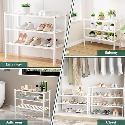 Smiry Bamboo Shoe Rack, 4 Tier Free Standing Wooden Shoe Organizer, Stackable Wood Shoe Storage Shelf for Closet, Entryway, 12 Vertical Slats, 2+2 Stack Standard Legs, 26.8"x11"x26", White