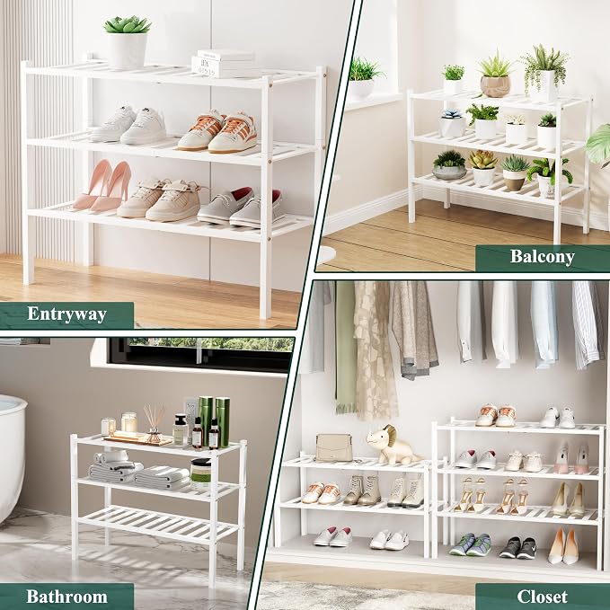 Smiry Small Bamboo Shoe Rack, 3 Tier Free Standing Wooden Shoe Organizer, Stackable Wood Shoe Storage Shelf for Closet, Entryway, 12 Vertical Slats, 2+1 Stack Standard Legs, 17.3"x11"x19.5", White