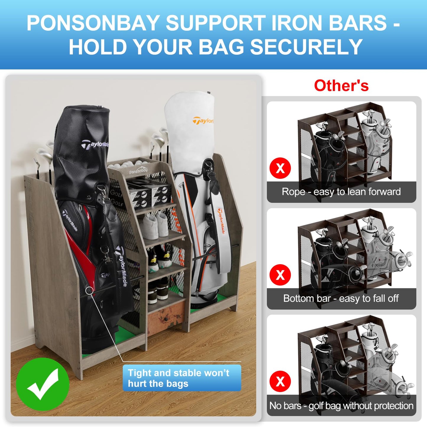 Ponsonbay Golf Bag Storage Organizer for Garage, Premium Wooden 2 Golf Bags Rack with Drawer, Easy Assemble Golf Club Stand/Holder Suitable for Garage Home Simulator and Office