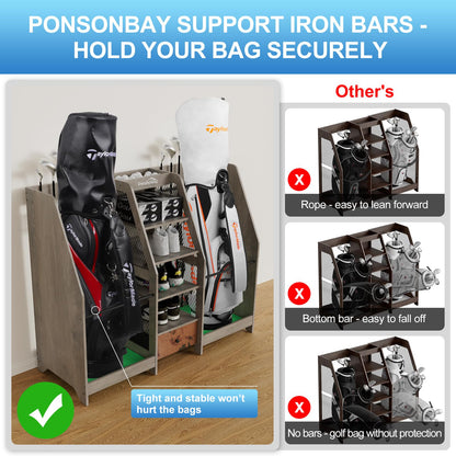 Ponsonbay Golf Bag Storage Organizer for Garage, Premium Wooden 2 Golf Bags Rack with Drawer, Easy Assemble Golf Club Stand/Holder Suitable for Garage Home Simulator and Office