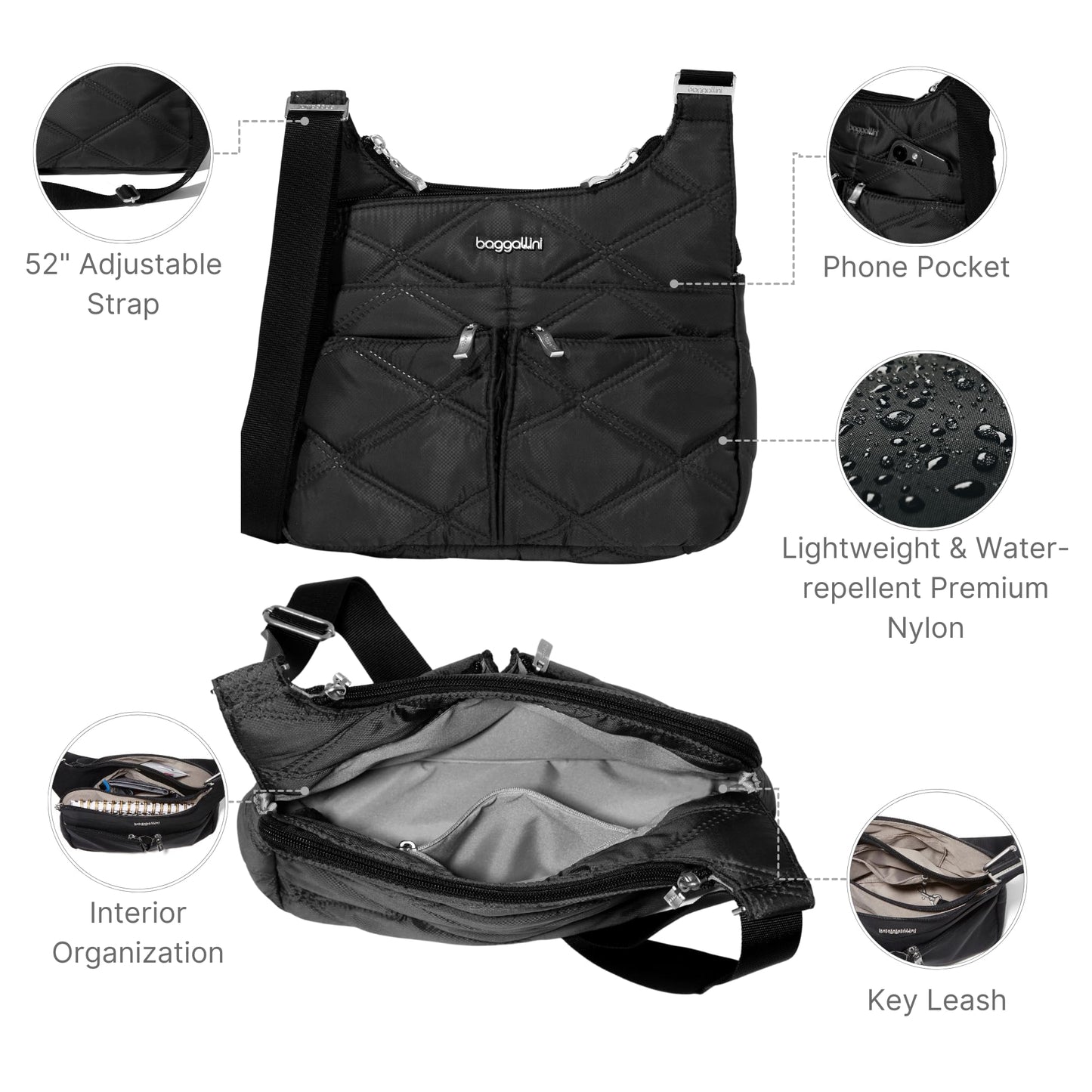 Baggallini Cross Over Crossbody Women 11x8.5 Medium Travel Bag Lightweight Water-Resistant Nylon Organized Handbag Purse